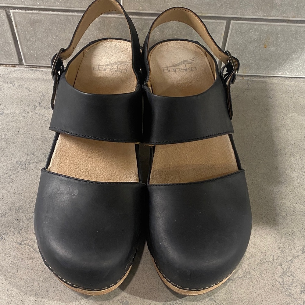 Dansko Lucia Black Leather Clogs with Back Strap - Size 41